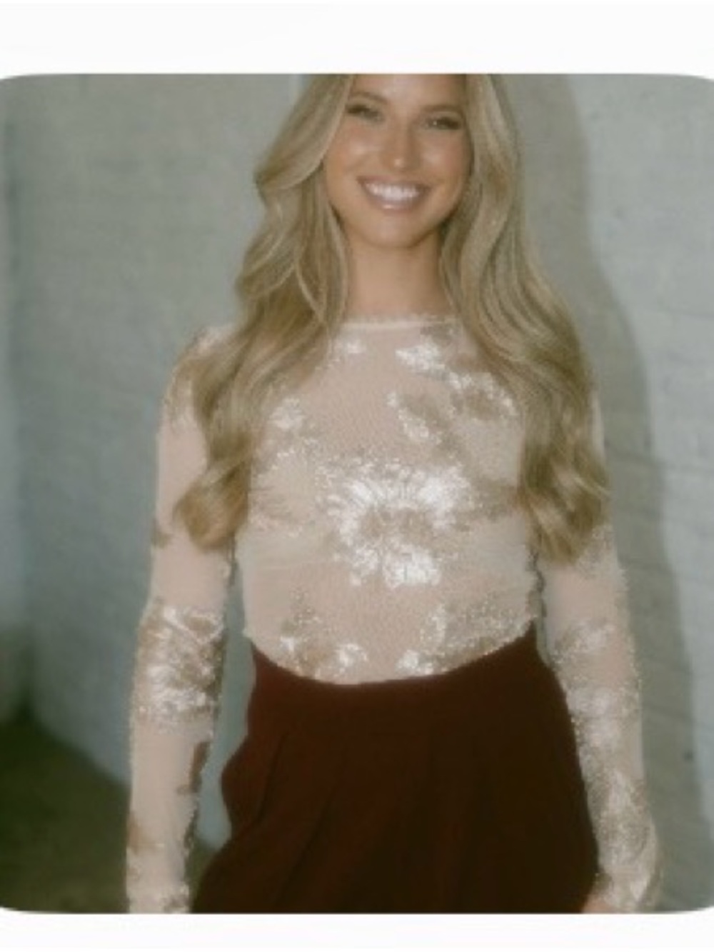 Lane 201 Embroidered Mesh Long-Sleeve blouse in Nude Rosegold